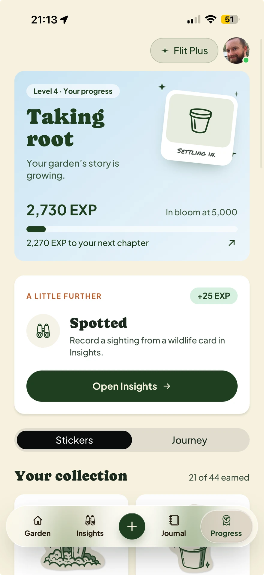 Flit's Progress screen showing the Taking root level, earned experience and a Spotted challenge to record a wildlife sighting in Insights.